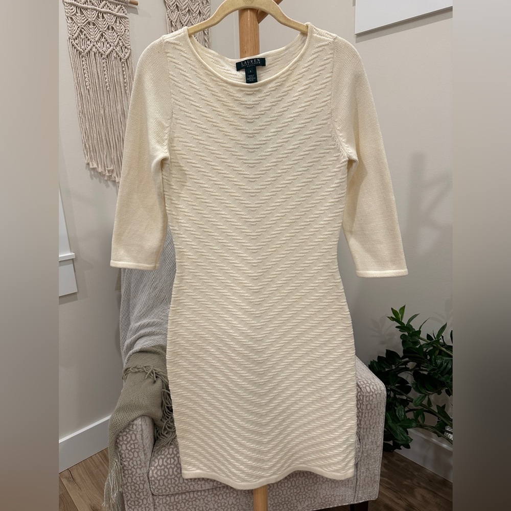 Lauren Ralph Lauren Cream Textured Knit Sheath Dress Small, 3/4 sleeve - Picture 2 of 6